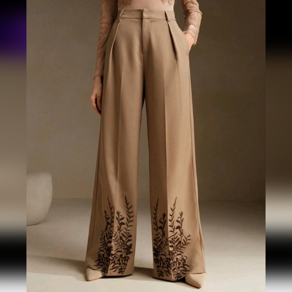 High Waisted Straight Leg Trousers With Floral Embroidery Design, New Year's - Picture 4 of 5